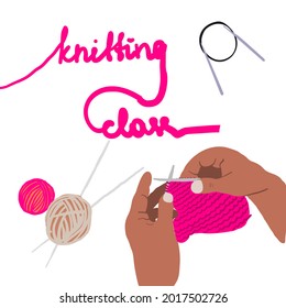 Vector cartoon illustration of Knitting icon. Hands hold needles. Colored isolated symbol. Workshop announcement. knitting class hand drawn text