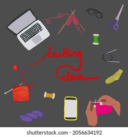 Vector cartoon illustration of Knitting icon. isolated on dark background. Colored isolated symbols. Workshop announcement. knitting class hand drawn text. Knitting class concept