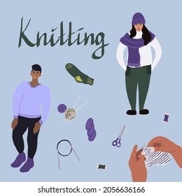 Vector cartoon illustration of Knitting icon. Hands hold needles. Colored isolated symbol. Workshop announcement. knitting hand drawn text.Knitting class concept.man and woman in hand made clothes