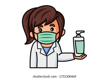 Vector cartoon illustration. Lady doctor is wearing surgical mask and holding hand wash. Isolated on white background.