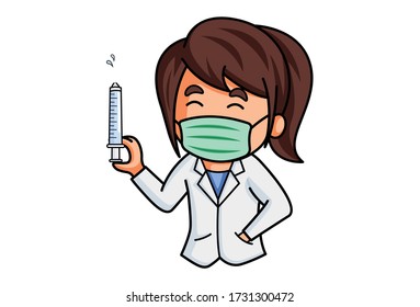 Vector cartoon illustration. Lady doctor is wearing surgical mask and holding injection in hand. Isolated on white background.