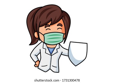 Vector cartoon illustration of lady doctor holding shield in hand. Isolated on white background.