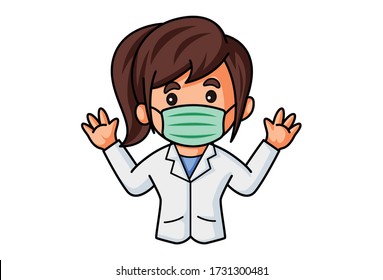 Vector cartoon illustration of lady doctor wearing surgical mask and giving shocking expression. Isolated on white background.