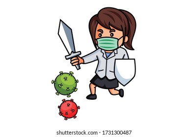 Vector cartoon illustration. Lady doctor is wearing surgical mask, holding sword and shield in hand to protect corona virus. Isolated on white background.