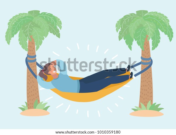 ヤシの木に付いたハンモックの中にレディーのベクター漫画のイラストが描かれている 怠惰な休暇 ダウンシフト フリーランス 熱帯リゾートの自由 リラックス 先延ばし のベクター画像素材 ロイヤリティフリー