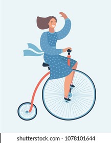 Vector cartoon illustration of lady on a vintage retro bicycle. Funny smiling female character on white background. Penny farthing bicycle