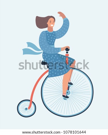 Vector cartoon illustration of lady on a vintage retro bicycle. Funny smiling female character on white background. Penny farthing bicycle