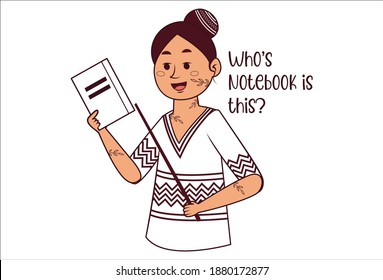 Vector cartoon illustration of a lady teacher holding book and stick in hands. Lettering text who's notebook is this? Isolated on white background.