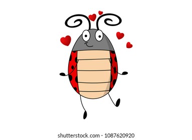 Vector cartoon illustration of ladybug in funny style with heart. Isolated on white background. 