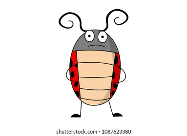 Vector cartoon illustration of ladybug in sad face. Isolated on white background. 