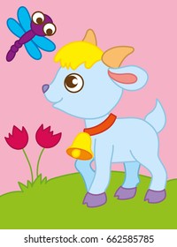 Vector cartoon illustration of lamb playing with a dragonfly on a meadow
