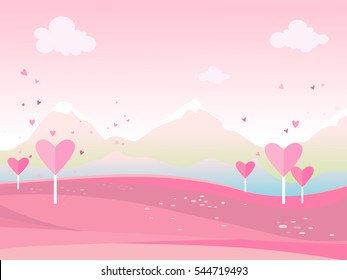 Vector cartoon illustration of a landscape. Landscape with hearts Valentine's Day. For print,  or web graphic design, user interface, card, poster.