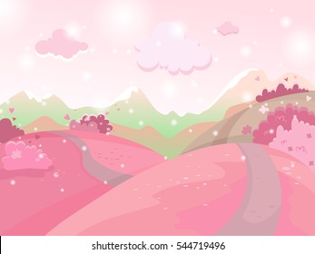 Vector cartoon illustration of a landscape. Landscape with hearts Valentine's Day. For print,  or web graphic design, user interface, card, poster.