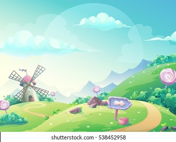 Vector cartoon illustration of a landscape with marmalade candy mill. For print, create videos or web graphic design, user interface, card, poster.