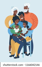 Vector cartoon illustration of Large black family portrait. Mother, father and five children. Happy people with relatives. Three generation: father, mother, children, grandmother, grandfather.