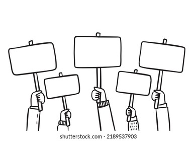 Dibujo vectorial de una gran multitud de personas manifestándose con carteles en blanco. Las manos arriba en el estilo moderno. Ilustración del vector