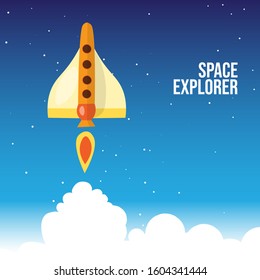 Vector cartoon illustration of launching rocket, flying in space. Explorer, start up, new beginning and new launch of business product on a market concept. Space, business, educational concept