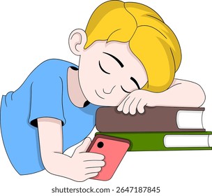 Ilustração de desenho animado vetorial de um estudante preguiçoso descansando em uma pilha de livros enquanto segura um smartphone