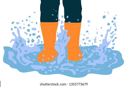 Vector cartoon illustration legs in rubber boots playing in the puddle