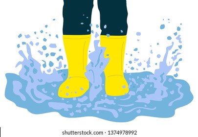 Vector cartoon illustration legs in rubber boots playing in the puddle