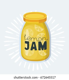 Vector cartoon cartoon illustration of lemon jam jars. Isolated On White Background. Hand drawn lettering name on