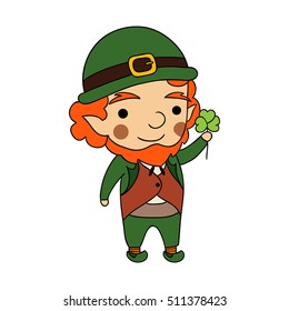 Vector cartoon illustration of leprechaun for Saint Patrick design. Smiling man with clover and irish costume. Green, orange, brown colors. Character isolated on white background
