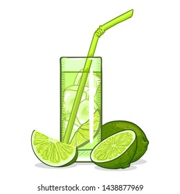 Vector Cartoon Illustration - Lime Lemonade with Ice and Lime Fruits