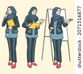 Vector cartoon illustration with line art of a hijab woman calling client, take note, sign agreement file and teach with asking any question in the meeting room or class
