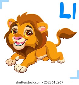 Ilustración de dibujos animados de Vector de un león de dibujos animados con la letra "L" - diseño para el alfabeto inglés para niños. Colección de lindos animales y letras.