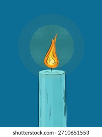 Ilustração vetorial em desenho animado de uma vela azul iluminada com uma chama laranja vibrante contra um fundo azul escuro.