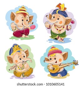 Vector cartoon illustration of little baby Ganesha, indian god of wisdom and prosperity, in traditional indian clothes. Set of cute elephant characters, dance and play on musical national instruments