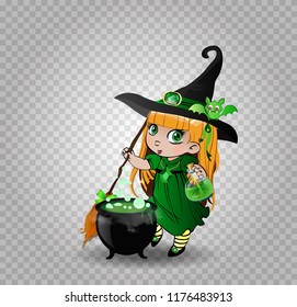 Vector cartoon illustration of little baby witch girl in green dress and cute bat on her hat stir boiling potion with broomstick in cauldron on transparent background. Halloween clip art character