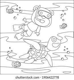 Vector cartoon illustration of little bear and turtle, with cartoon style Childish design for kids activity colouring book or page.