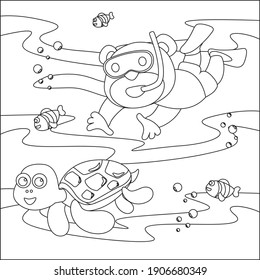 Dibujo vectorial de pequeños osos y tortugas, con el estilo de dibujos animados Diseño infantil para niños actividad libro o página de colorear.