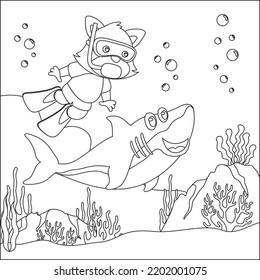 Vector cartoon illustration of little bear and shark diving in undersea with cartoon style Childish design for kids activity colouring book or page.
