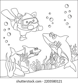 Vector cartoon illustration of little bear and shark diving in undersea with cartoon style Childish design for kids activity colouring book or page.