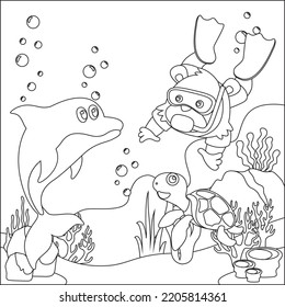 Vector cartoon illustration of little bear and dolphine diving in undersea with cartoon style Childish design for kids activity colouring book or page.