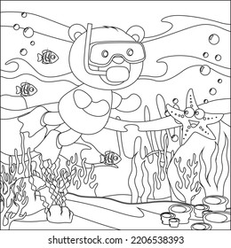 Vector cartoon illustration of little bear diving in undersea with cartoon style Childish design for kids activity colouring book or page.