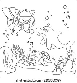 Vector cartoon illustration of little bear and dolphine diving in undersea with cartoon style Childish design for kids activity colouring book or page.