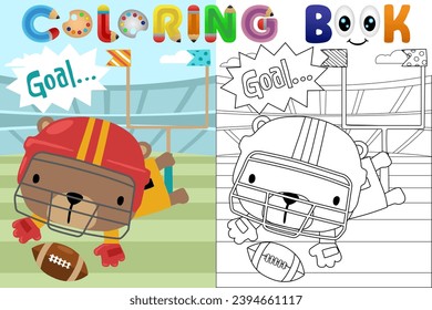 Vector cartoon illustration, little bear playing rugby in rugby stadium, coloring book or page