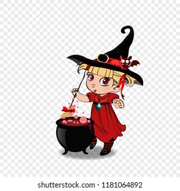 Vector cartoon illustration of little blonde baby witch girl in red dress and cute bat on hat stir boiling potion with broomstick in cauldron on transparent background. Halloween clip art character