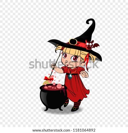 Vector cartoon illustration of little blonde baby witch girl in red dress and cute bat on hat stir boiling potion with broomstick in cauldron on transparent background. Halloween clip art character