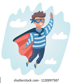 Vector cartoon illustration of little boy play superhero at sky.