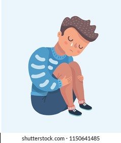 Vector cartoon illustration of Little boy sitting and crying.