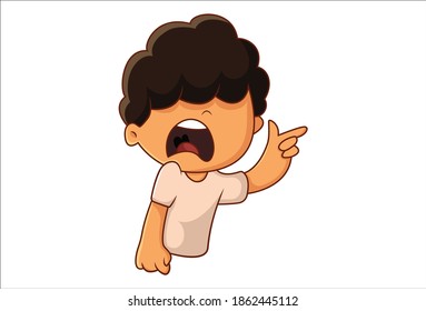 Vector cartoon illustration. Little boy is pointing his finger in anger. Isolated on a white background.