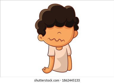 Vector cartoon illustration. Little boy is with a crying face. Isolated on a white background.