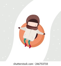 Vector cartoon illustration of little boy riding a snow tube