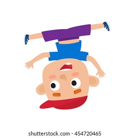 Vector cartoon illustration of little boy-dancer isolated on white. Little happy boy with dancing and smiling. Pretty dancer of hip-hop.