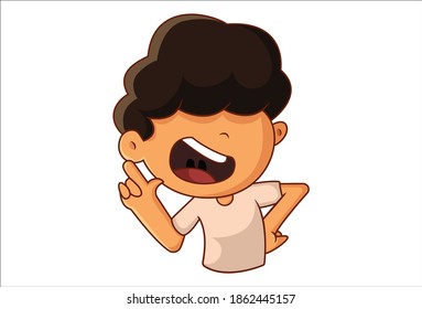 Vector cartoon illustration. Little cheerful boy is with an idea. Isolated on a white background.