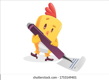 Vector cartoon illustration of a little chicken bird with a pen and paper. Isolated on white background.